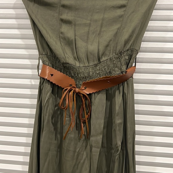 ROSE STYLE BELTED STRAPLESS DRESS WITH BROWN BELT. HIGH-LOW. MADE IN ITALY - Picture 2 of 9